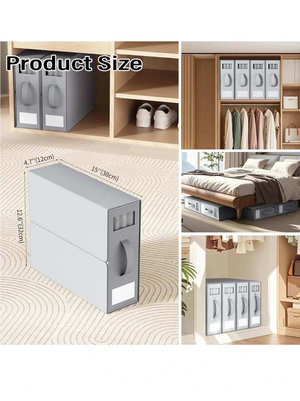 Amazon Light Gray Fabric Sheet Storage Boxes w Window & Front Handle  — Set of 4